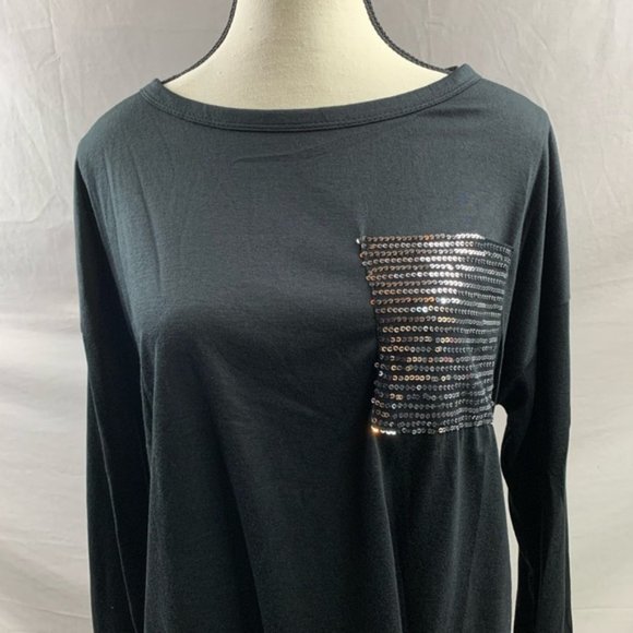 Black Drop Sleeve T-shirt Featuring Contrasting Sequin Pocket Detail - Picture 8 of 8
